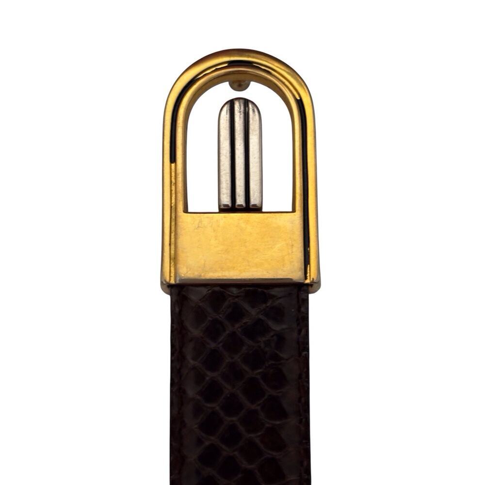 Genuine Snakeskin On Leather Brown Belt Size 34” Skinny Dress Gold Hardware - Picture 2 of 7